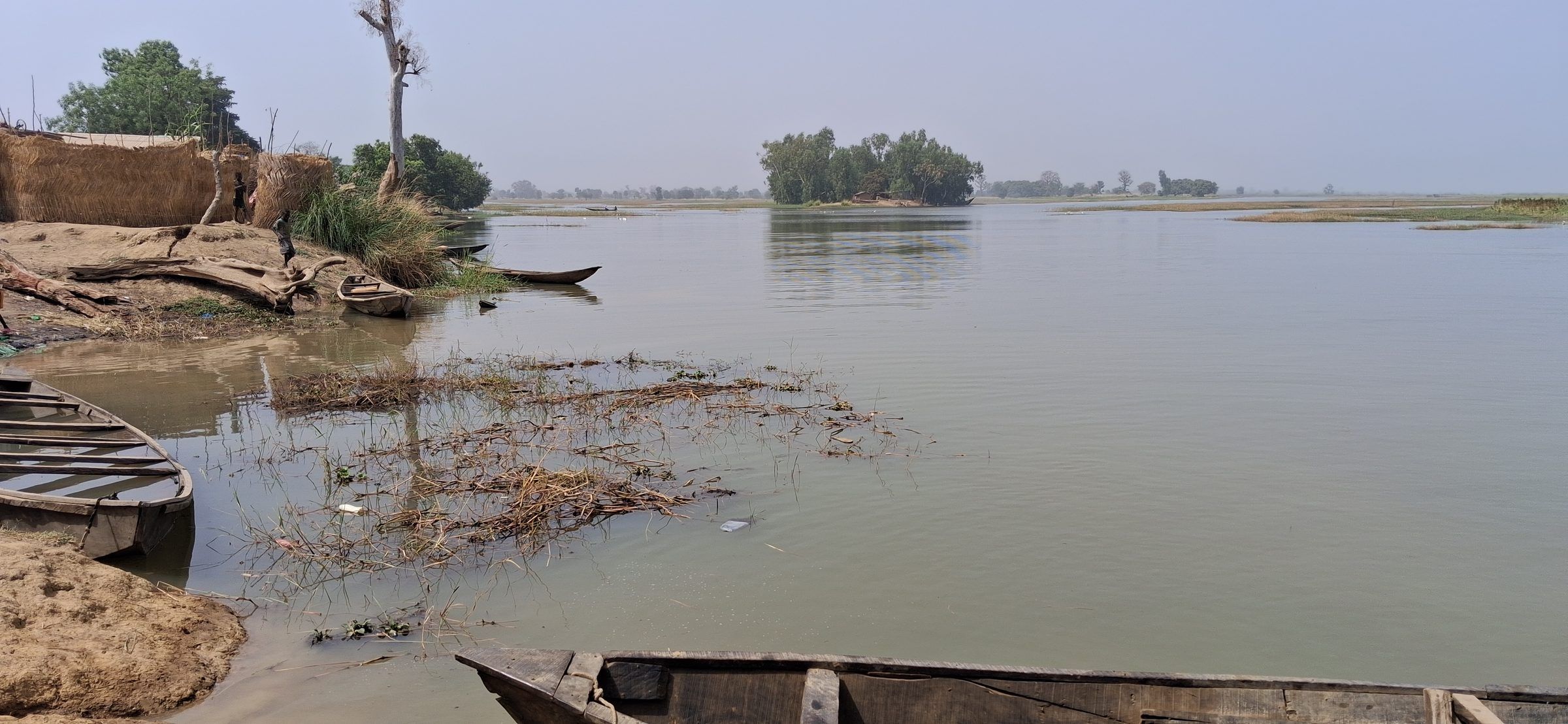Rive sableuse au premier plan, pirogues en bois au bord de l'eau, bosquets et îlot boisé au loin.